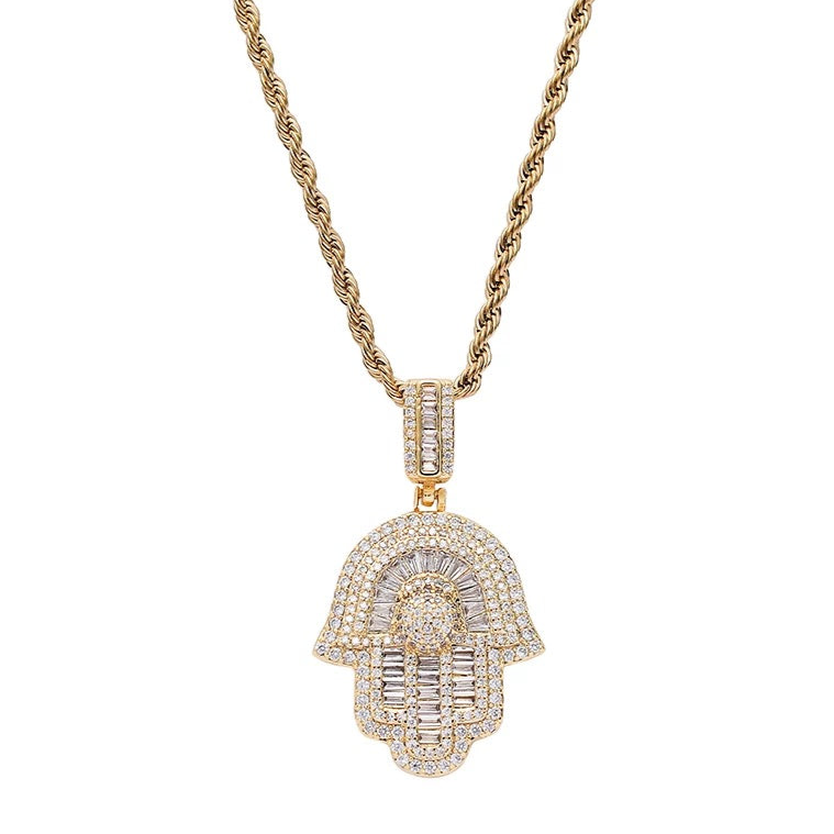 Men Hamsa Hand of Fatima Pendant Necklace Punk Hip Hop Jewelry Braided Chain 24